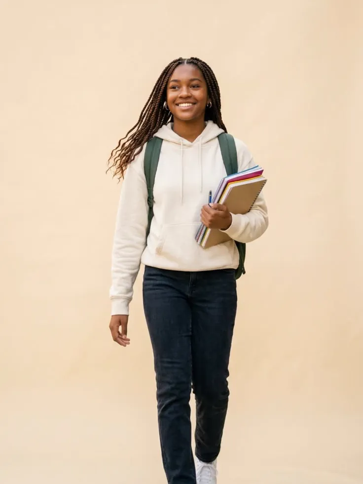 Une jeune femme marche en tenant des carnets et un stylo.